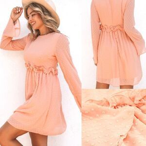 Peach Swiss Dot Bell Sleeve Mini Dress